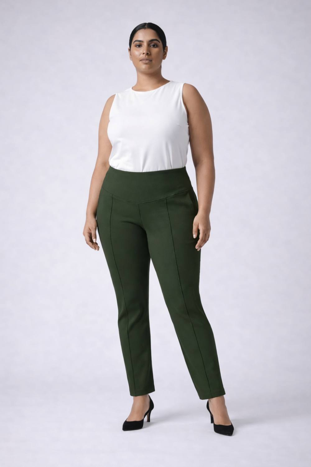 Plus Size Olive Tummy Shaper Straight Fit Pants