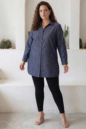 Plus Size Denim Cotton High Slit Longline Shirt