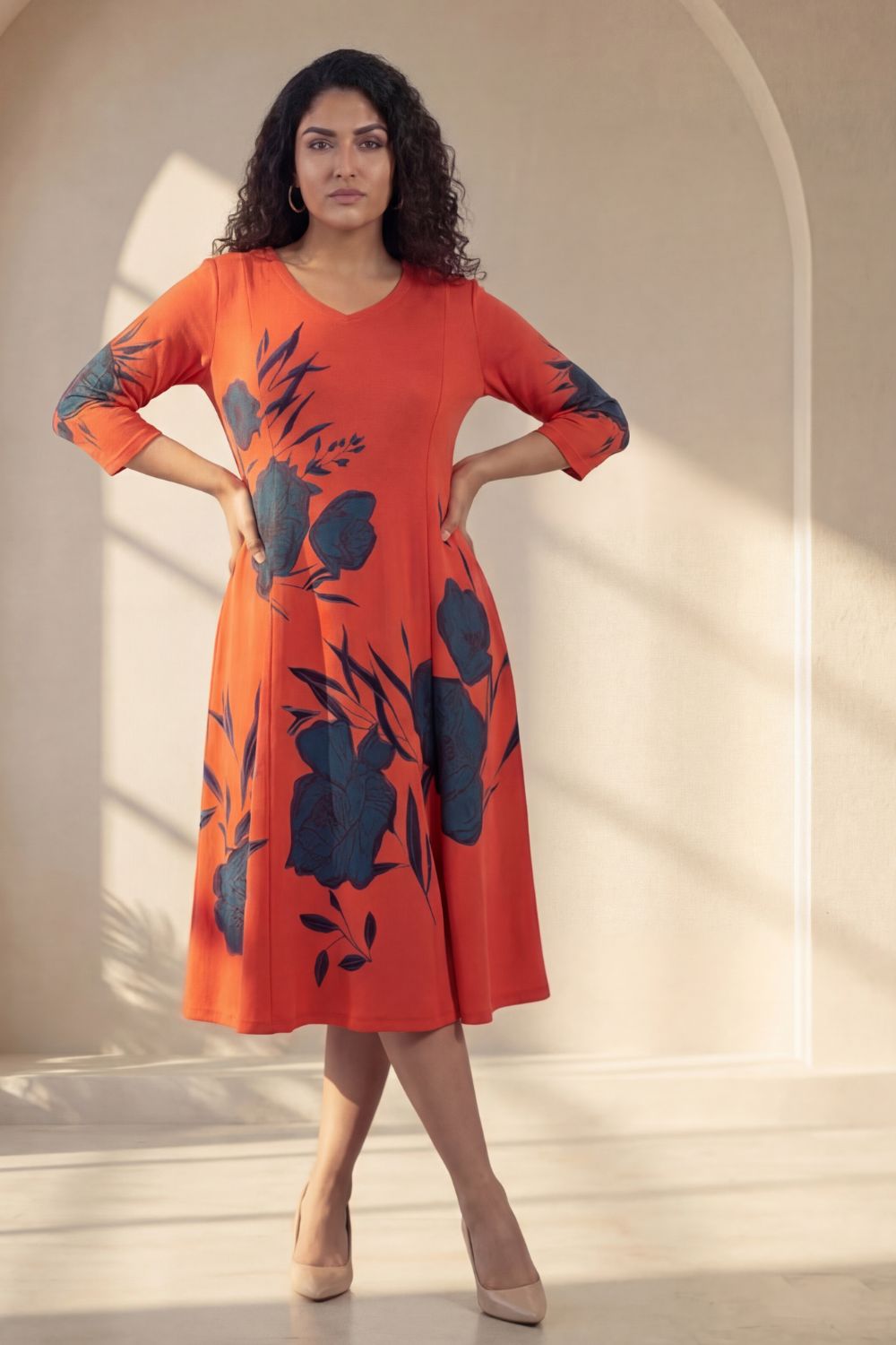 Plus Size Red Teal Floral Print A-Line Dress