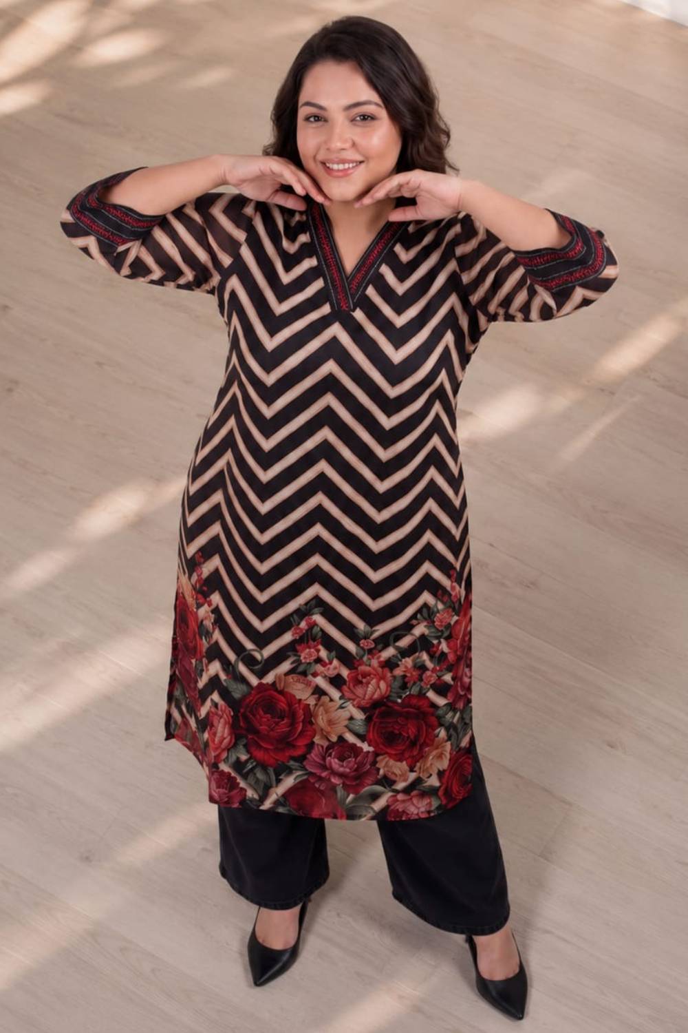 Plus Size Black Rose Chevron Print Kurta Satin Georgette Kurta