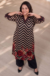 Plus Size Black Rose Chevron Print Kurta Satin Georgette Kurta