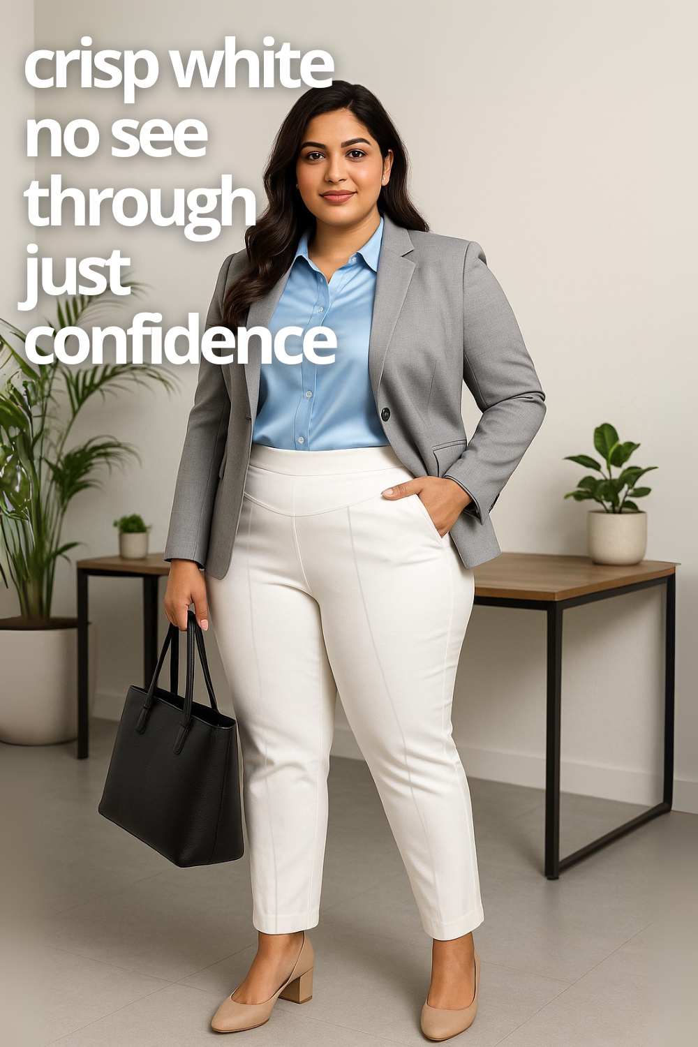 Plus Size White Tummy Shaper Straight Fit Pants