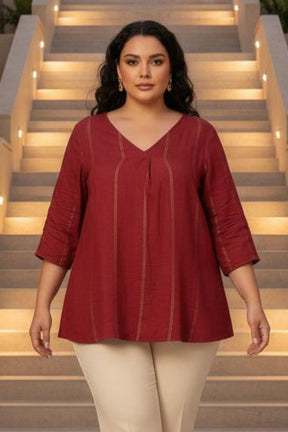 Plus Size Maroon Golden Pin Striped V-Neck Top