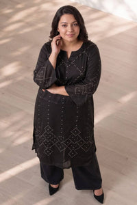 Plus Size Black Bandhej Print Satin Georgette Kurta