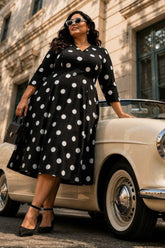 Plus Size Black Polka Print Rayon Midi Dress