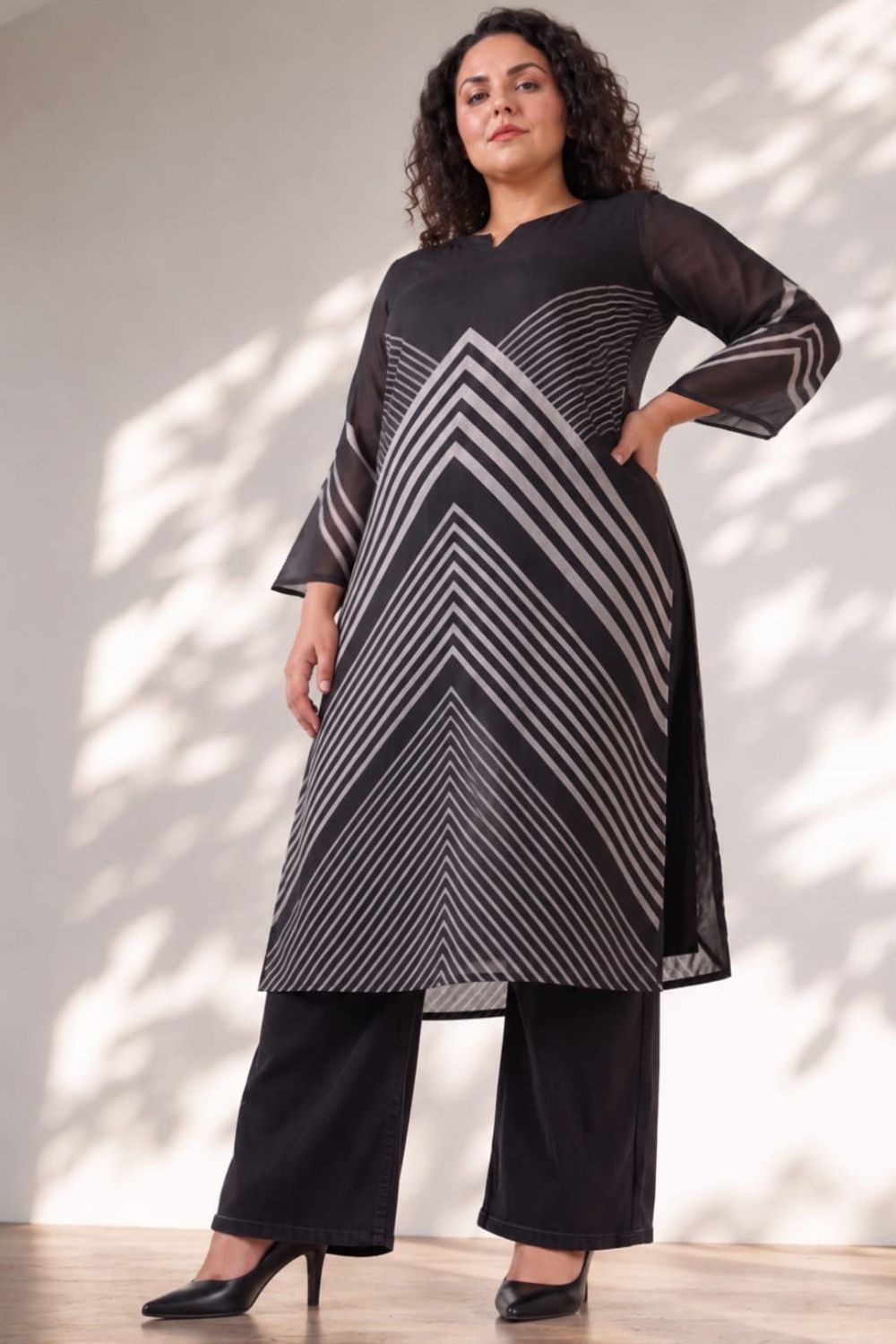 Plus Size Black Chevron Stripes Print Satin Georgette Kurta