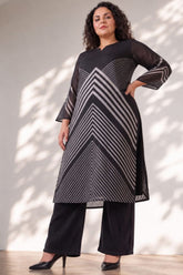 Plus Size Black Chevron Stripes Print Satin Georgette Kurta