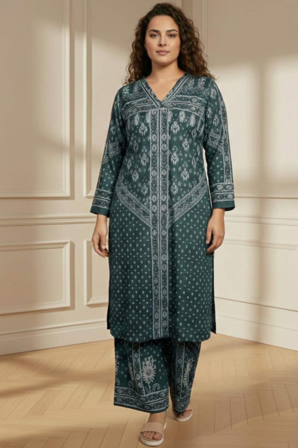 Plus Size Teal Printed V Neck SnugWeave™ Winter Kurta