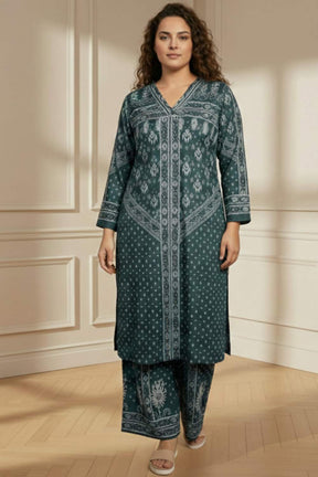 Plus Size Teal Printed V Neck SnugWeave™ Winter Kurta