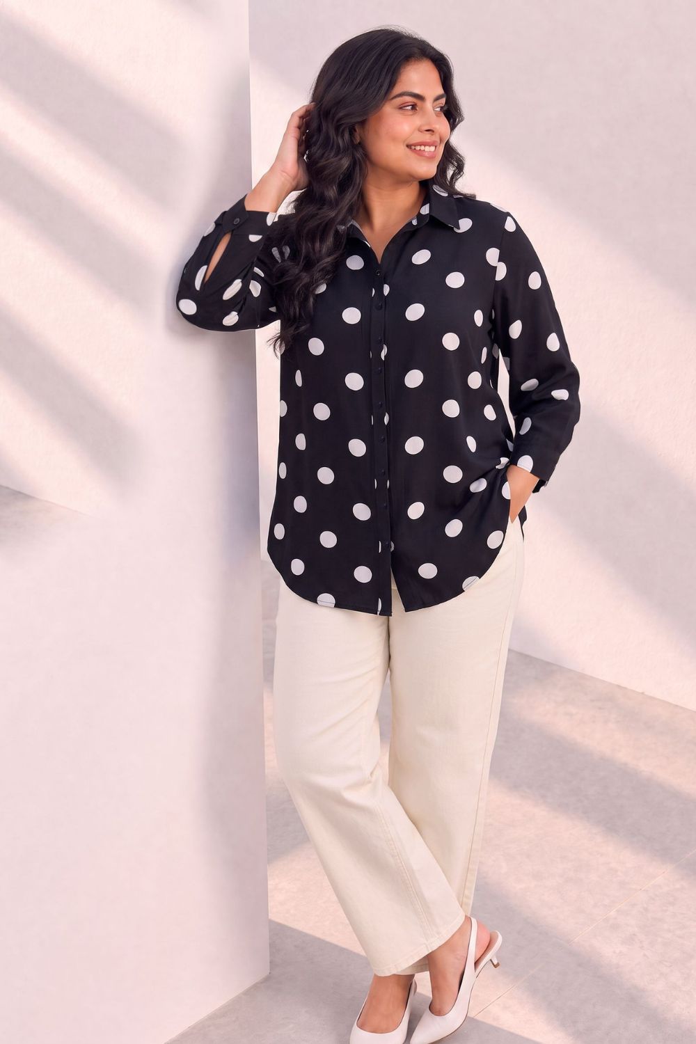 Plus Size Black Polka Print Rayon Shirt for Women