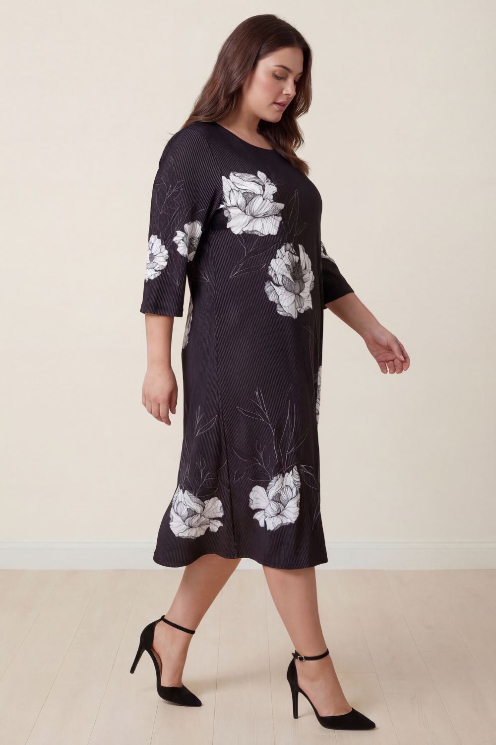 Plus Size Black Floral Print A-Line Dress
