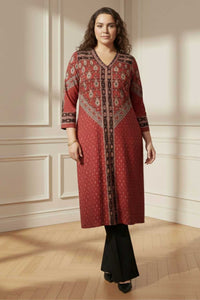 Plus Size Red Printed V Neck SnugWeave™ Winter Kurta