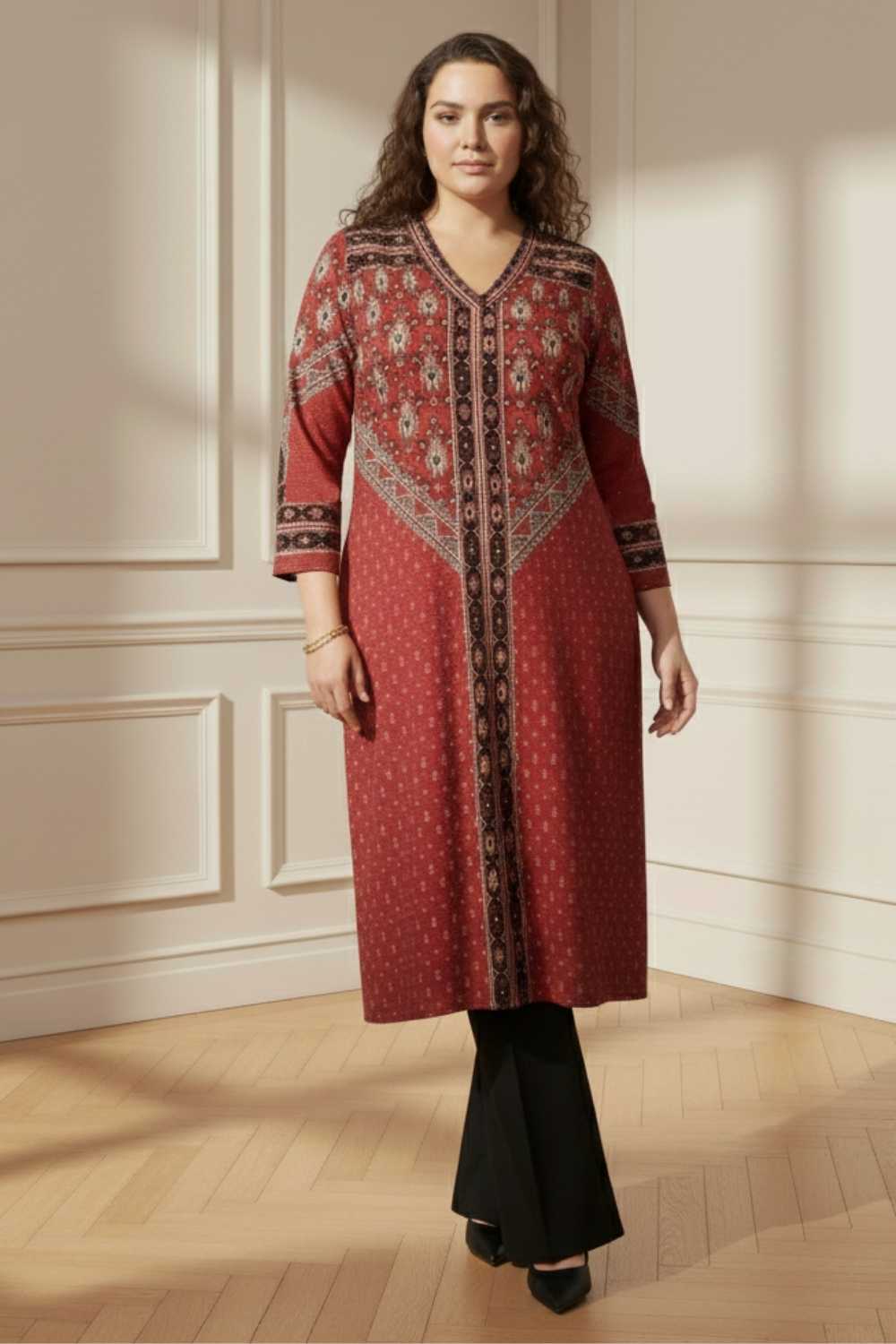 Plus Size Red Printed V Neck SnugWeave™ Winter Kurta
