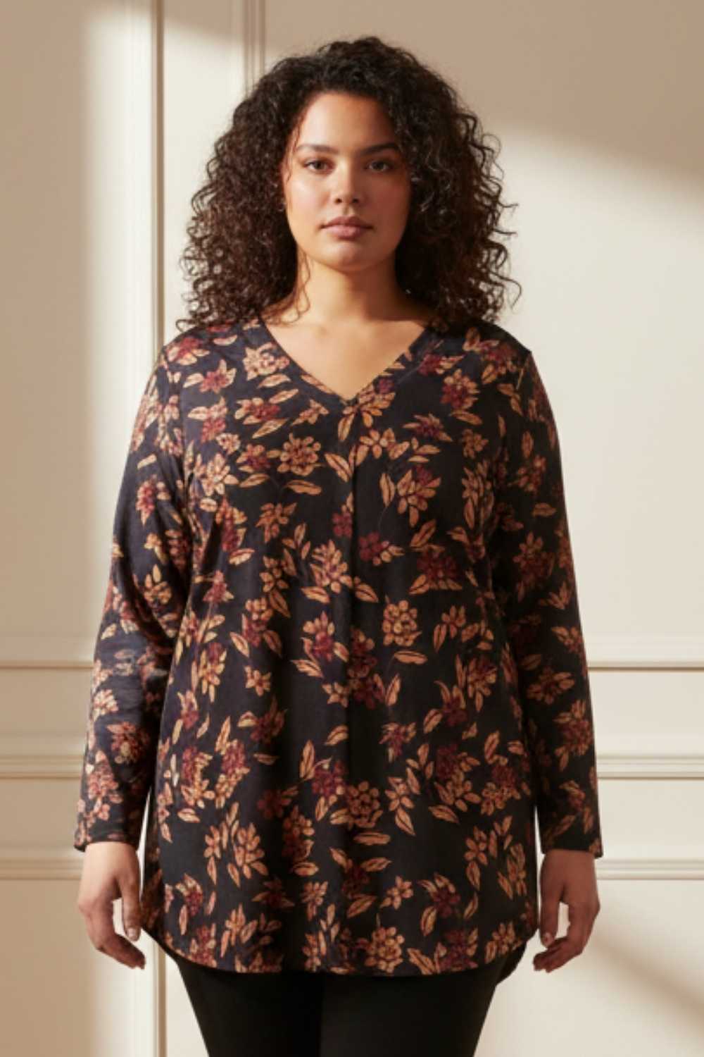 Plus Size Black Blossom V Neck  SnugWeave™ Winter Top
