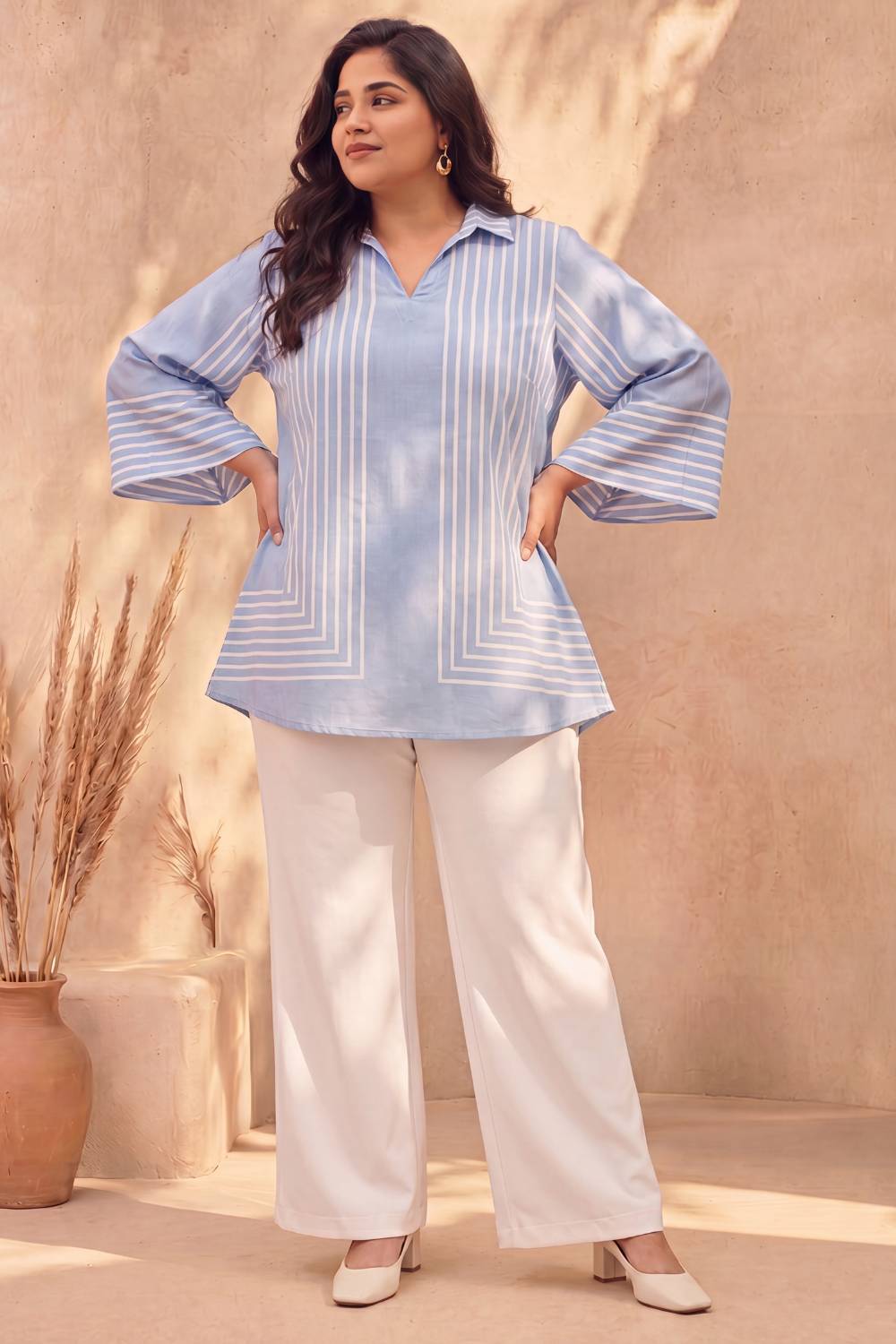 Plus Size Blue Stripe Printed Cotton Top for Women