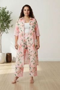 Plus Size Light Pink Floral Printed Coord Set