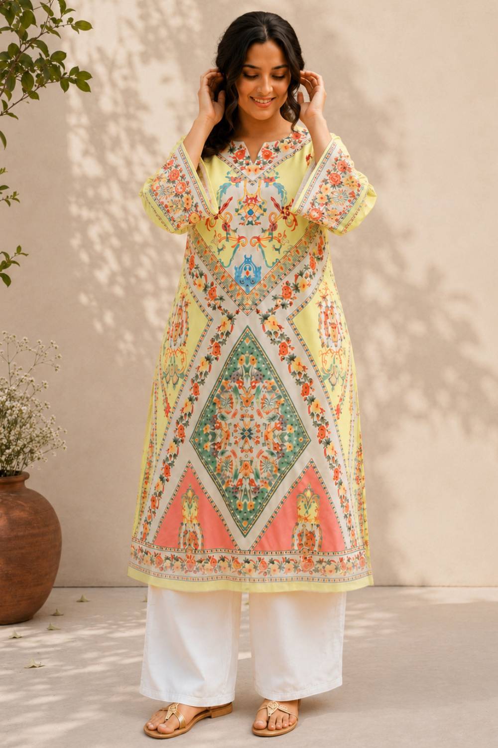 Plus Size Multicolor Floral Placement print cotton Kurti