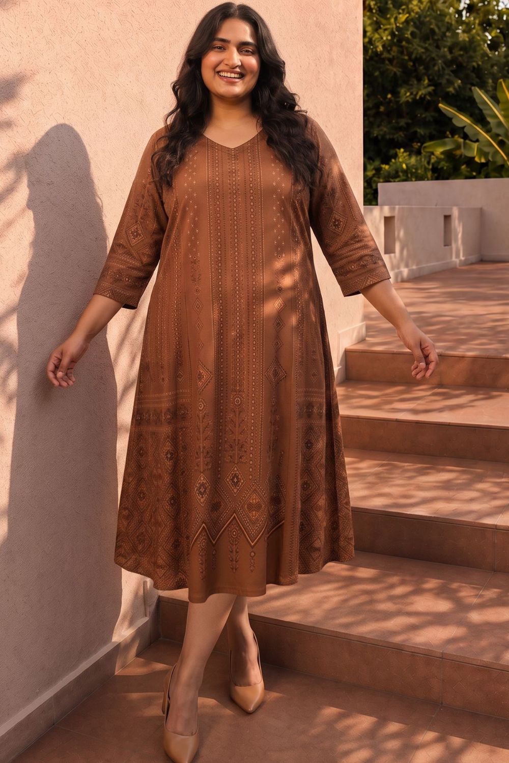 Plus Size Brown Ethnic Print Midi Dress