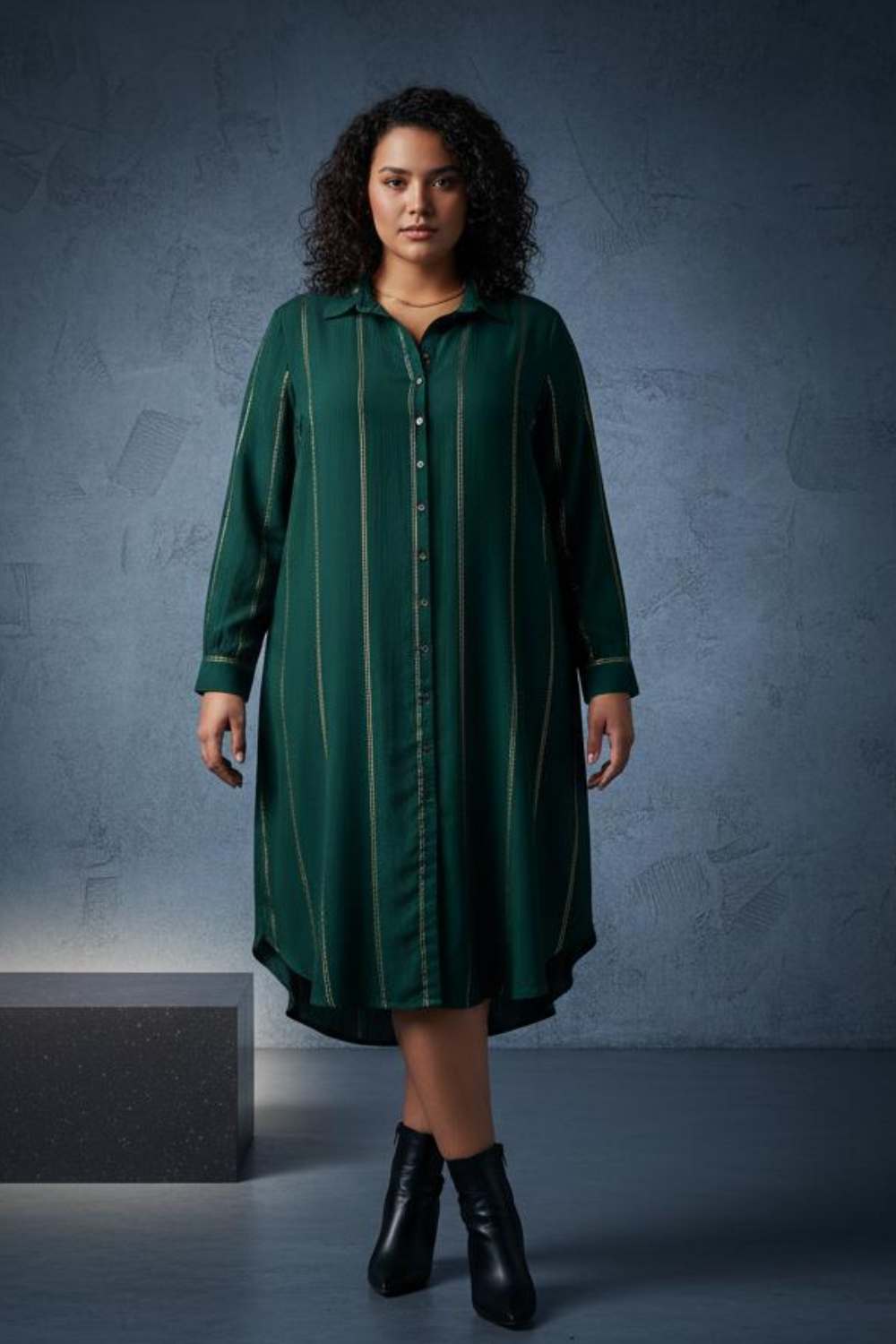 Plus Size Emerald Green Golden Pin Striped Shirt Dress
