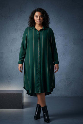Plus Size Emerald Green Golden Pin Striped Shirt Dress