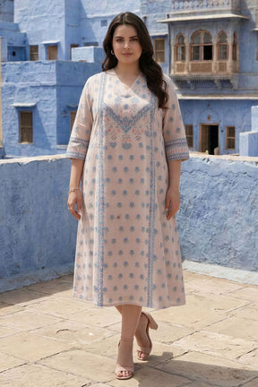 Plus Size Beige Blue Floral Buta Print Cotton Midi Dress