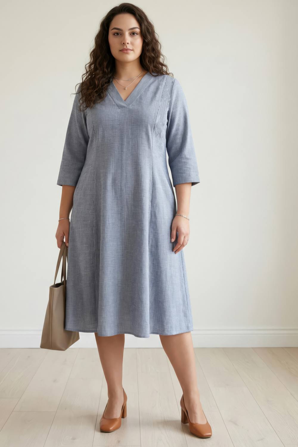 Plus Size Blue Chambray Pinstripe Midi Dress