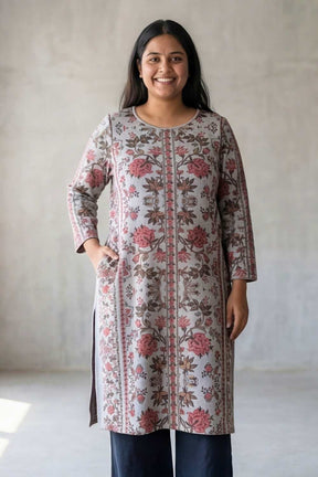 Plus Size Ethnic Floral Round Neck SnugWeave™ Winter Kurta
