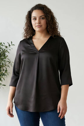 Plus Size Black Satin Centre Pleat Top