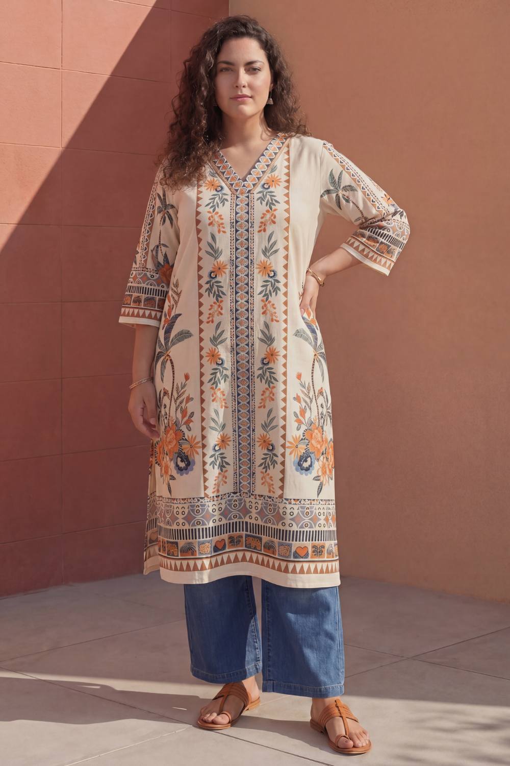 Plus Size Plus Size Boho Floral Print Cotton V-Neck Kurta