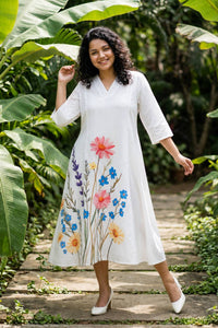 Plus Size White Floral Printed A-Line Midi Dress