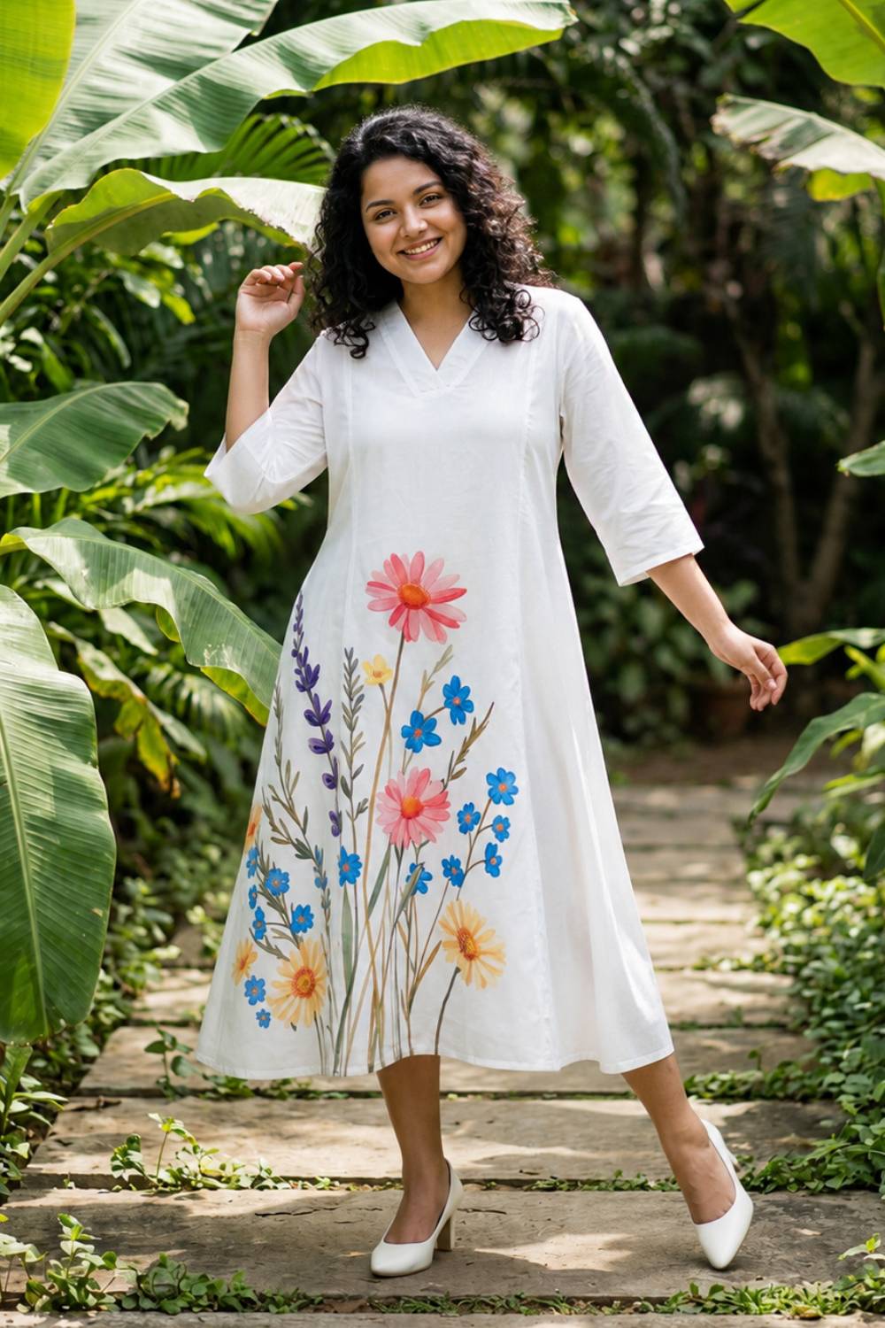 Plus Size White Floral Printed A-Line Midi Dress