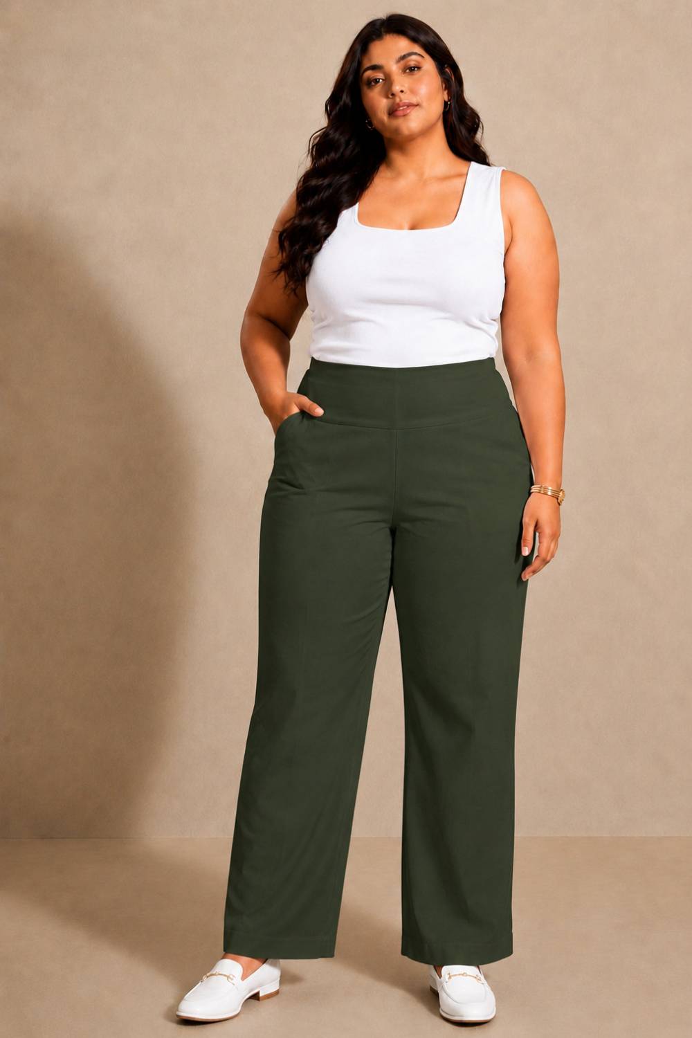 Plus Size Olive Tummy Shaping Wide Straight Pants