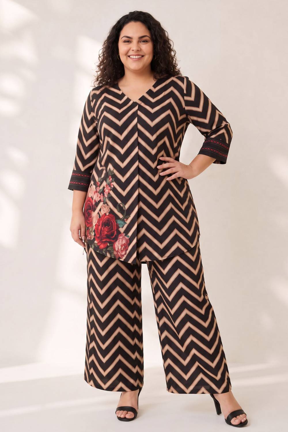 Plus Size Black Rose Chevron Print Coord Set
