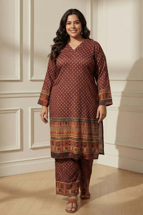 Plus Size Maroon Border Print SnugWeave™ Winter Kurta Coord Set