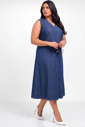 Plus Size Sleeveless Indigo Denim Cotton A-Line Dress