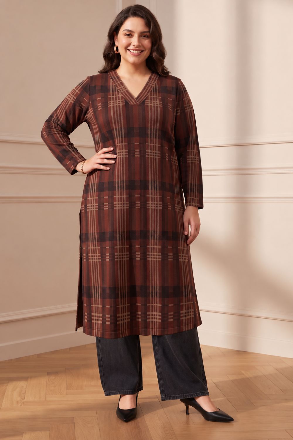 Plus Size Brown Checkered SnugWeave™  Kurta