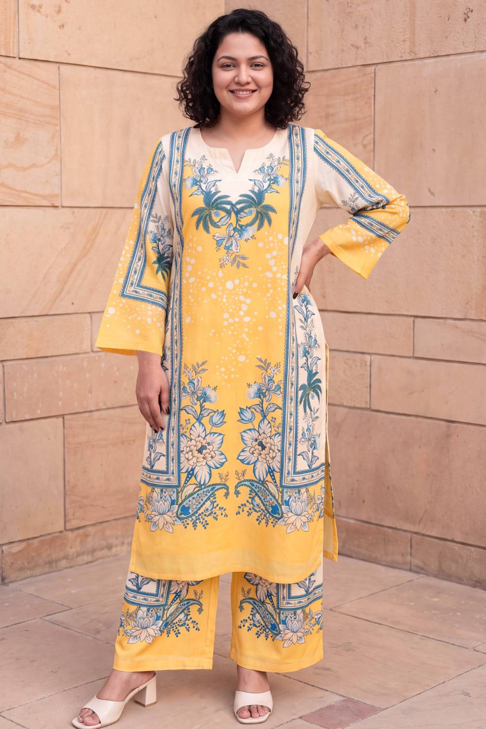 Plus Size Plus Size Yellow Floral Print Cotton Kurta Coord Set