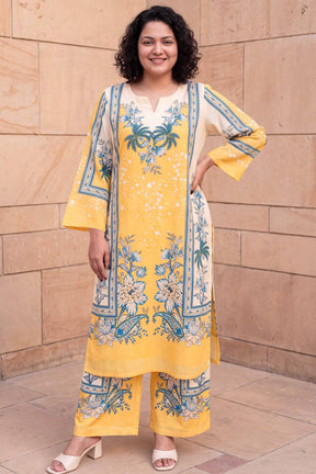 Plus Size Yellow Floral Print Cotton Kurta Coord Set
