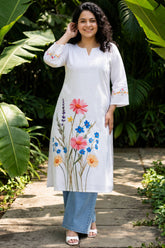Plus Size White Floral Printed Cotton Kurta