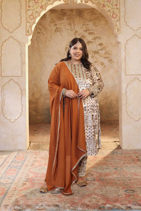 Plus Size Ivory Handblock Printed Velvet Suit Set