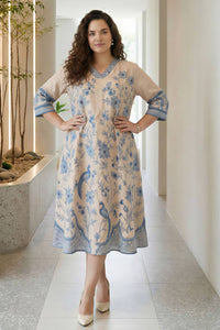 Plus Size Beige Ethnic Floral Print Cotton Midi Dress