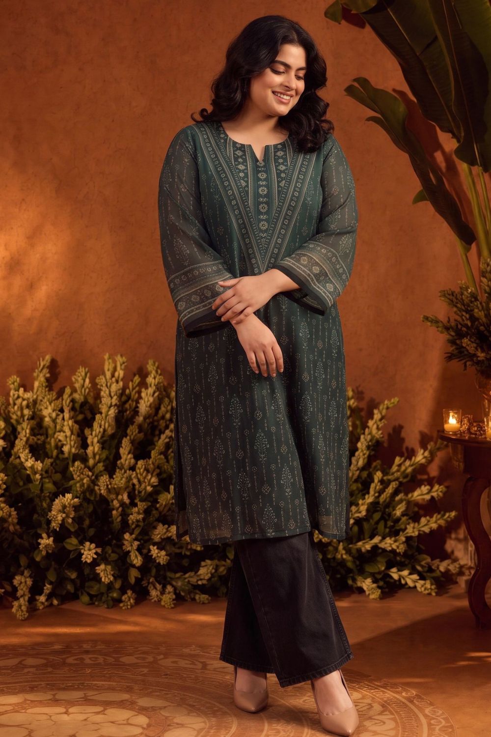 Plus Size Emerald Heritage Printed Straight Georgette Kurta