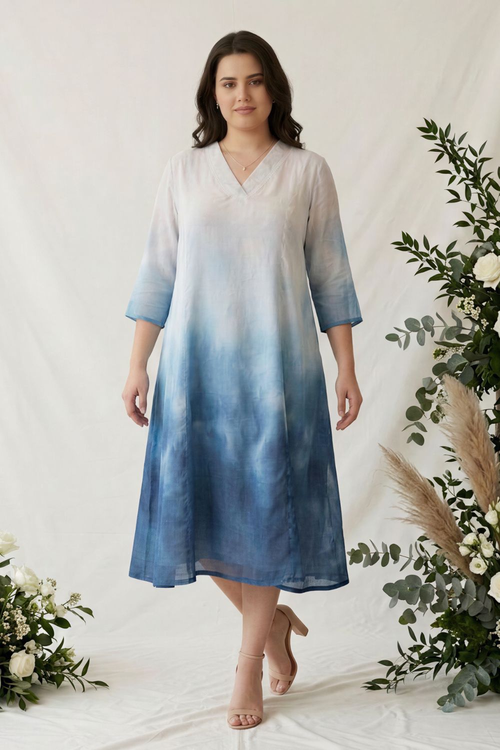 Buy Plus Size Blue Ombre Cotton Midi Dress