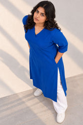 Plus Size SoftEase V Neck Blue Cotton Kurta