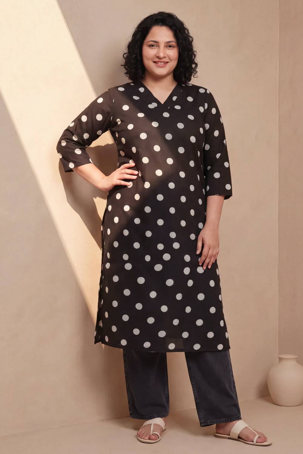 Plus Size Black Polka Print Rayon V Neck Kurta