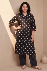 Plus Size Black Polka Print Rayon V Neck Kurta