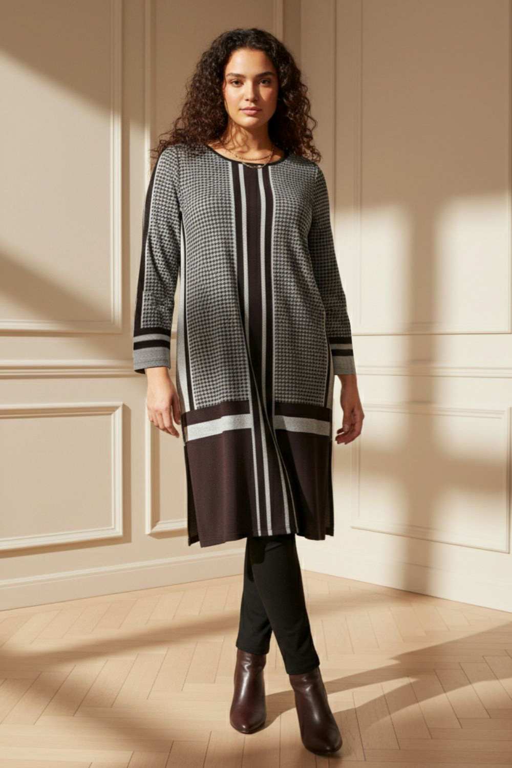 Plus Size Black Beige Stripe SnugWeave™ Winter Kurta