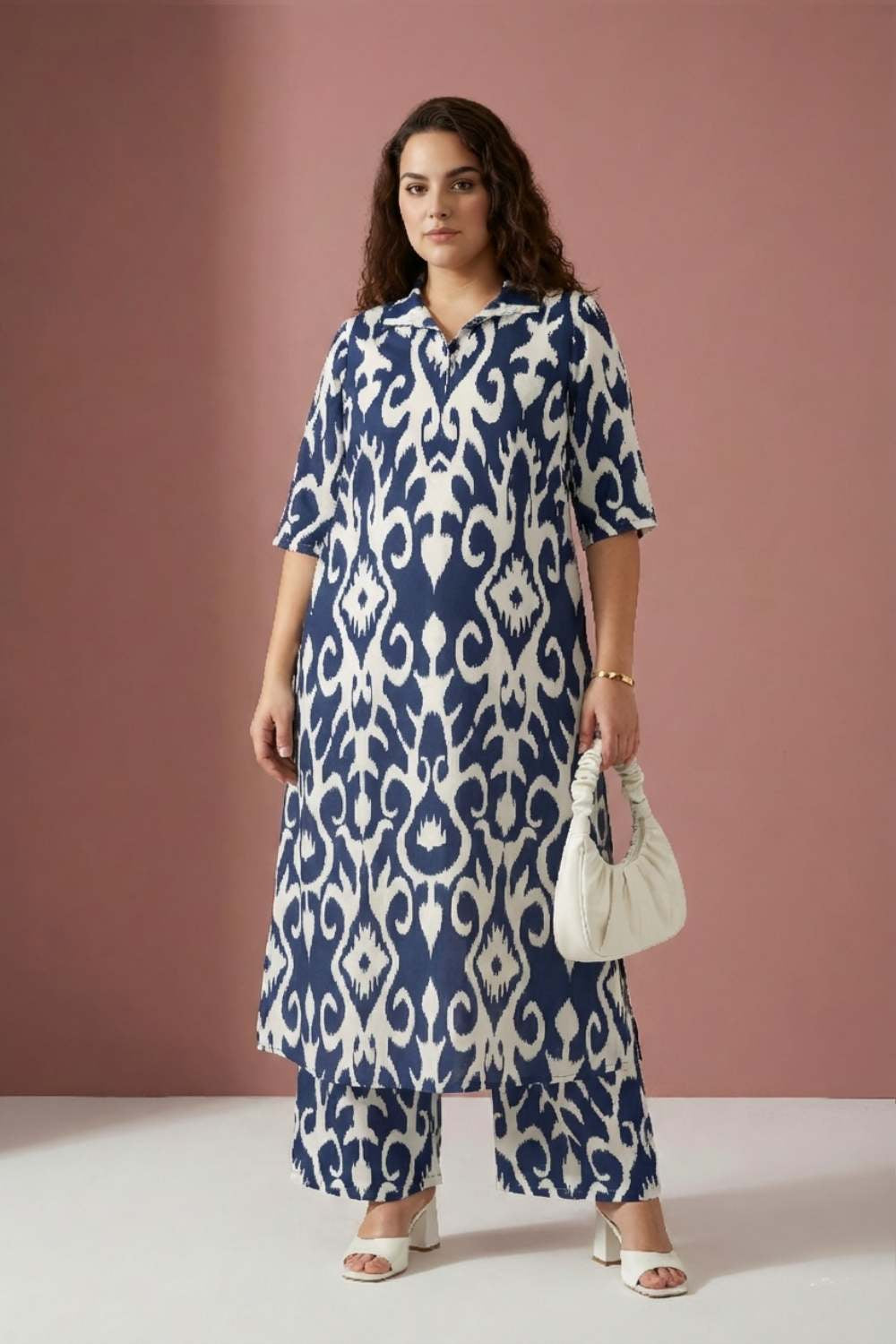 Buy Plus Size Blue White Printed Coord Set