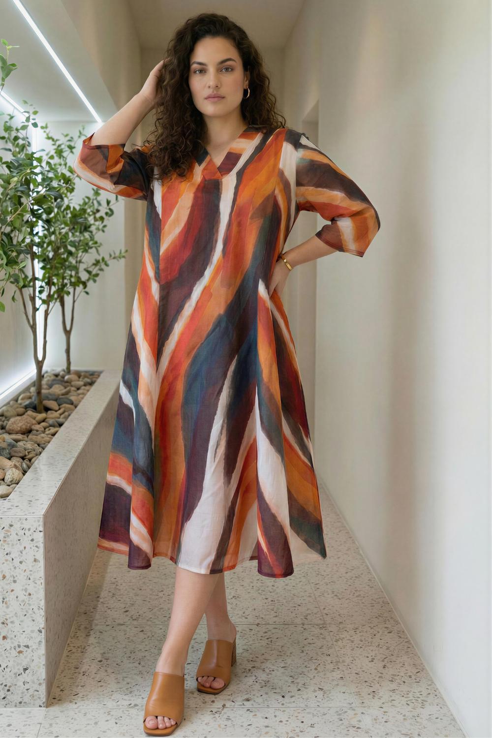 Plus Size Bold Multicolor Abstract Stripe Print Cotton Midi Dress for Women