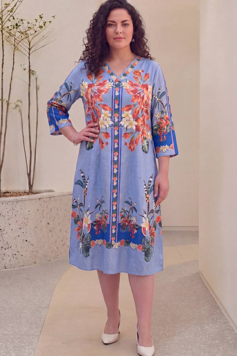Comfortable Tropical Bloom Plus Size Midi Dress
